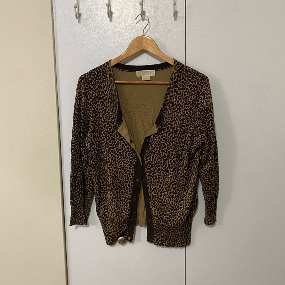 Michael Kors Brown Silk Leopard Print Cardigan